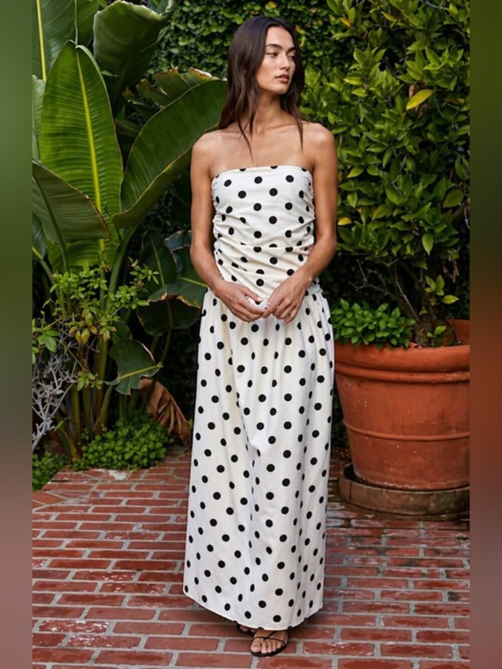 By Together Strapless Polka Dot Ruched Midi Dress